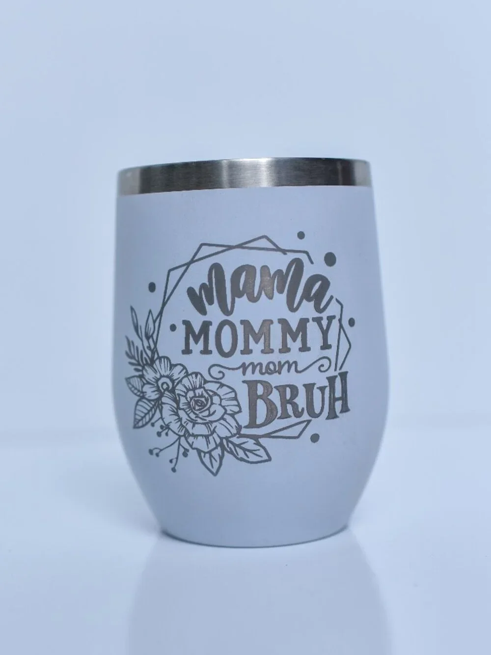 12oz Laser Engraved Stemless Wine Tumbler with Lid Mama Bruh Skeleton